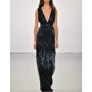 Burnett New York Sequin Beaded Deep V Gown Black Indigo Runway Dress Size 2 NWT